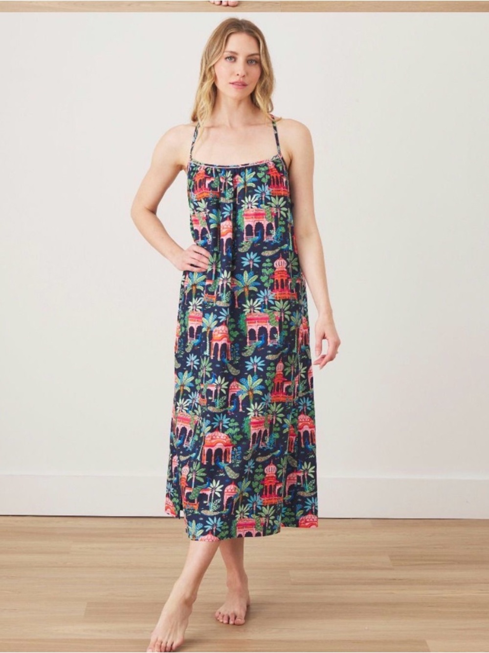PRINTFRESH Peacock Palace Midi Cami Nightgown. Size Large